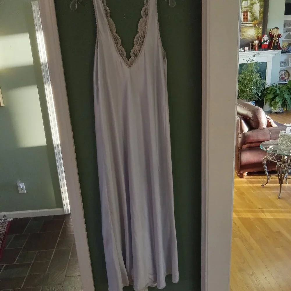 Glamorous Pale Periwinkle Vintage Satin Gown with Lace